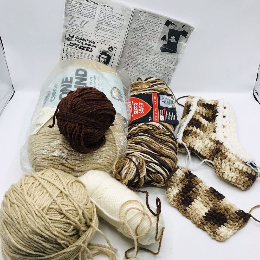 Lot of Red Heart Yarn With Abandoned Crochet Project and Book Christmas Stocking